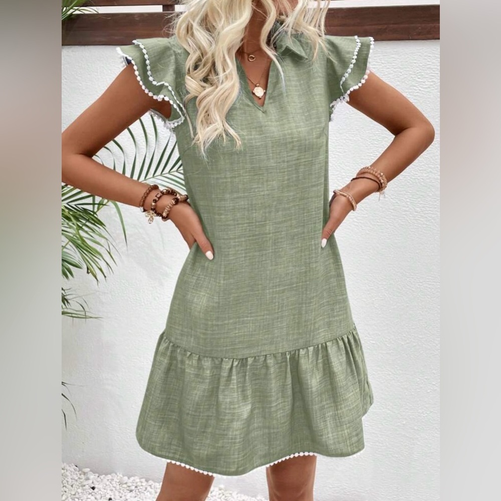 Casual Green Ruffle Sleeve Dress